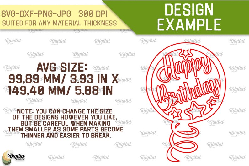 May include: Red outline design of a balloon with the text "Happy Birthday" inside. The balloon is 3.93 inches by 5.88 inches.