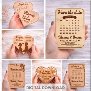Può includere: Una collezione di 10 design in legno per save-the-date, tra cui forme a cuore e rettangolari. Ogni design presenta nomi e date, con layout di calendario. I design sono adatti a vari spessori di materiale.