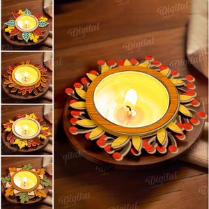 Puede incluir: Una vela encendida en un portavelas de madera con diseño de hojas. El portavelas está rodeado por un anillo de hojas rojas y amarillas. La imagen también muestra 10 diseños y el texto "SUITED FOR ANY MATERIAL THICKNESS DIGITAL DOWNLOAD".