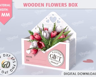 3D Flower gift box, personalized mothers day gift laser cut, rustic bouquet holder with handle, wooden flower storage basket svg, crate
