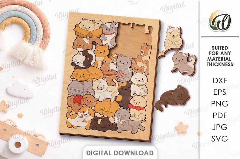Puede incluir: Un tablero de rompecabezas de madera con una colecci&oacute;n de gatos ilustrados en varios colores y poses, con varias piezas sueltas con forma de gato a un lado. El texto a la derecha dice SUITED FOR ANY MATERIAL THICKNESS, DXF, EPS, PNG, PDF, JPG, SVG.