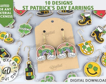 Saint Patrick's Day earrings bundle, shamrock jewelry laser cut, wooden dangle earrings, engraved drop earrings svg, St. Patricks earrings