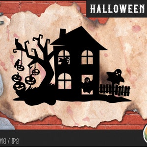 Może przedstawiać: Czarna sylwetka nawiedzonego domu z drzewem, dyniami i duchem. Obraz znajduje się na tle vintage'owego papieru z tekstem "HALLOWEEN SCENES" u g&oacute;ry.