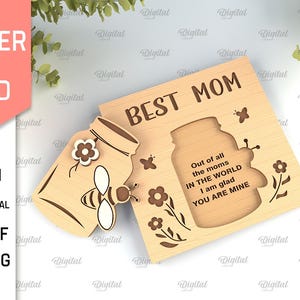 Carte de fête des mères 3D, meilleure maman svg, carte de voeux abeille découpée au laser, bonne fête des mères, cadeau maman, carte en bois floral découpée au laser