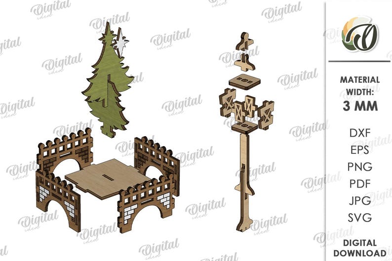 May include: Laser-cut wooden Christmas village components. Includes a green Christmas tree with a star, a table with a fence, and a street lamp. The material width is 3 mm.