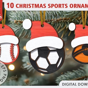 3D Christmas sports ornaments bundle, Christmas tree sport hanger laser cut, hockey svg, American football, basketball, baseball, volleyball