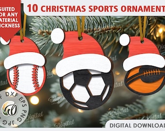 3D Christmas sports ornaments bundle, Christmas tree sport hanger laser cut, hockey svg, American football, basketball, baseball, volleyball