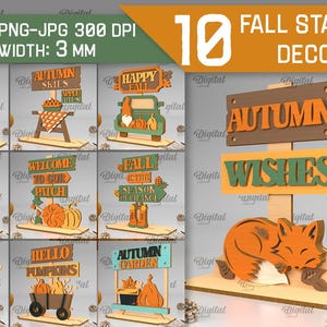 3D herfst staande decorbundel, 3D herfststandaards lasergesneden, houten herfstdecoraties svg, plankoppas svg, schattige herfststandaard, herfstcitaten svg