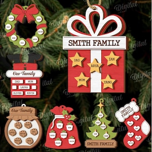May include: A collection of 10 Christmas ornament designs, including a snow globe, wreath, gift, gingerbread house, and cookie jar. Each ornament is made of wood and features family names. The ornaments are suitable for any material thickness.