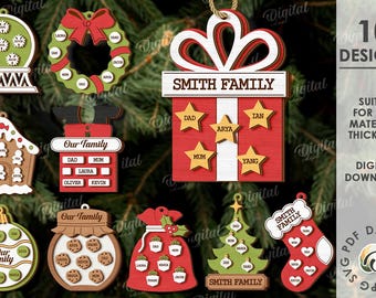 May include: A collection of 10 Christmas ornament designs, including a snow globe, wreath, gift, gingerbread house, and cookie jar. Each ornament is made of wood and features family names. The ornaments are suitable for any material thickness.