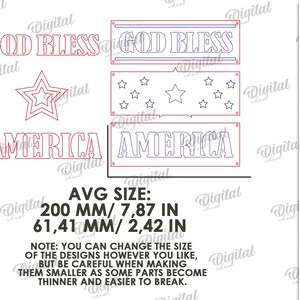Peut inclure: Fichiers de conception num&eacute;rique sur le th&egrave;me patriotique. Comprend les mots "GOD BLESS" et "AMERICA", une &eacute;toile et un rectangle &eacute;toil&eacute;. Taille moyenne : 200 mm par 61,41 mm. Convient &agrave; tout mat&eacute;riau.