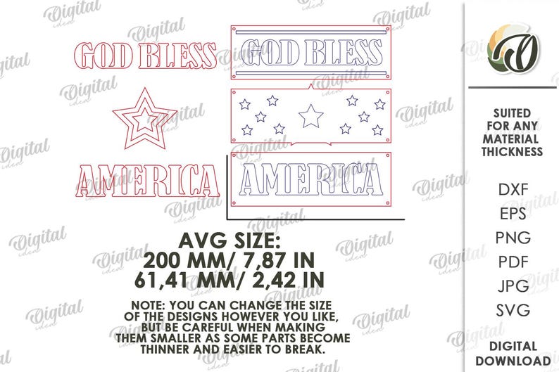 Peut inclure: Fichiers de conception num&eacute;rique sur le th&egrave;me patriotique. Comprend les mots "GOD BLESS" et "AMERICA", une &eacute;toile et un rectangle &eacute;toil&eacute;. Taille moyenne : 200 mm par 61,41 mm. Convient &agrave; tout mat&eacute;riau.