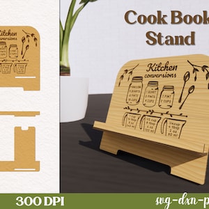 May include: A wooden cookbook stand with a cutout design featuring kitchen conversion measurements. The stand is made of light brown wood and has a natural wood finish. The text on the stand reads "Kitchen conversions" and includes measurements for cups, tablespoons, ounces, and milliliters.