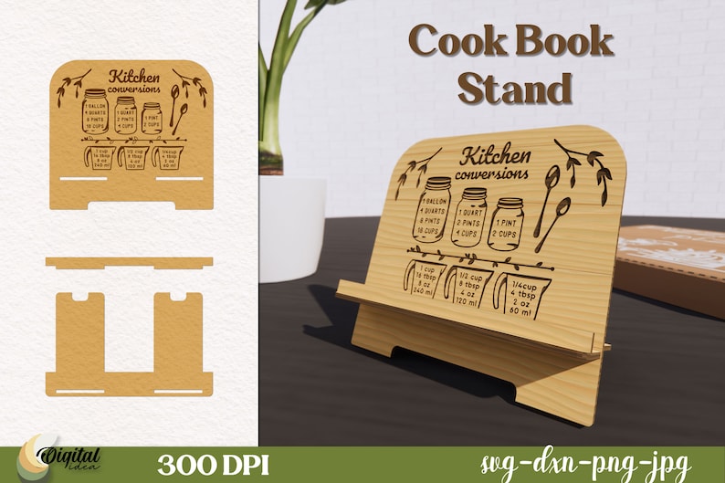 May include: A wooden cookbook stand with a cutout design featuring kitchen conversion measurements. The stand is made of light brown wood and has a natural wood finish. The text on the stand reads "Kitchen conversions" and includes measurements for cups, tablespoons, ounces, and milliliters.
