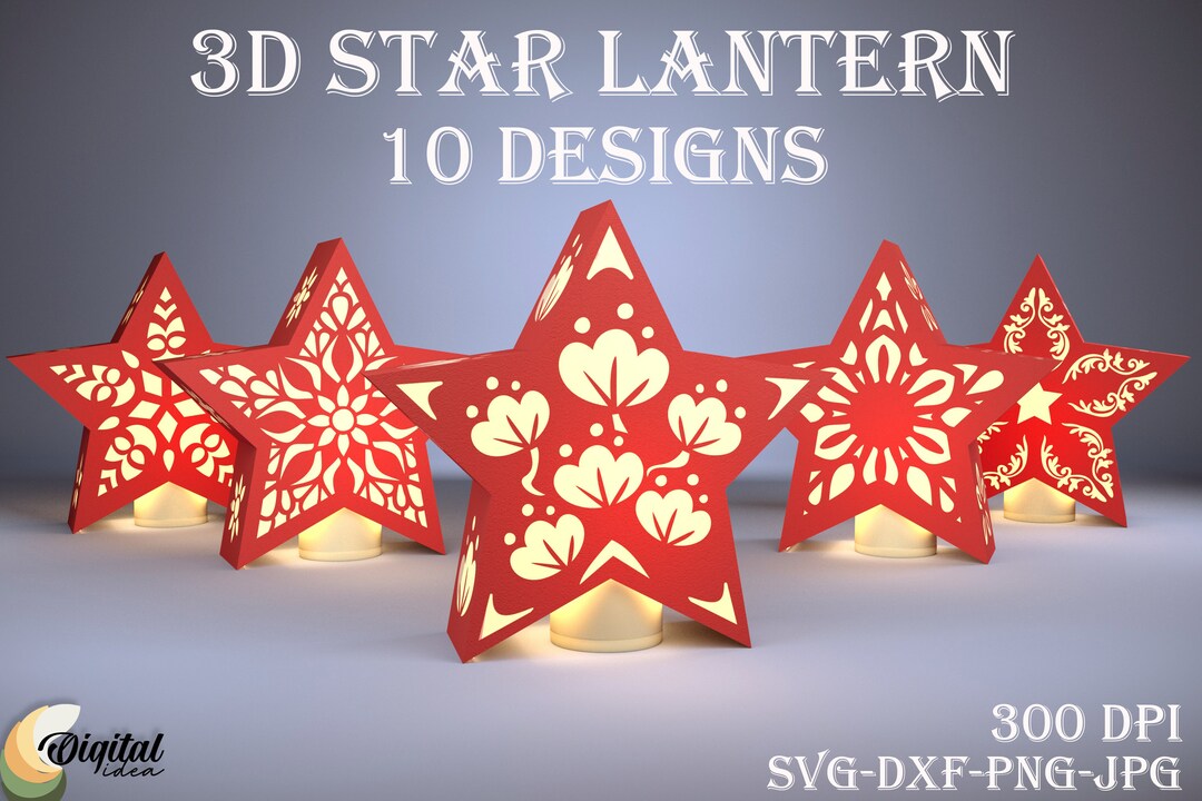 3D Star Lantern Bundle, Papercut Lantern Template, Star Shaped Lamp SVG