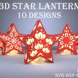 3D Star lantaarn bundel, Papercut lantaarn sjabloon, Stervormige lamp SVG, 3D papier knippen, Nachtlamp, Boho, Home decor, lightbox SVG