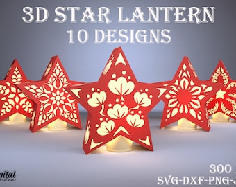 3D Star lantaarn bundel, Papercut lantaarn sjabloon, Stervormige lamp SVG, 3D papier knippen, Nachtlamp, Boho, Home decor, lightbox SVG