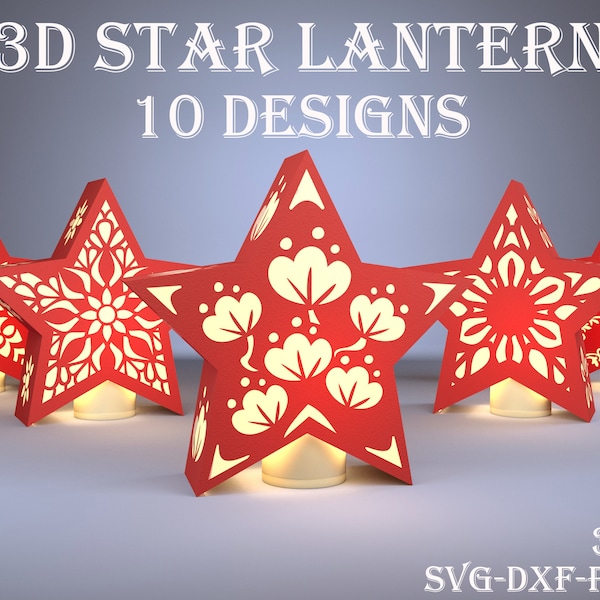 3D Star lantern bundle, Papercut lantern template, Star shaped lamp SVG, 3D paper cut, Nightlamp, Boho, Home decor, lightbox SVG