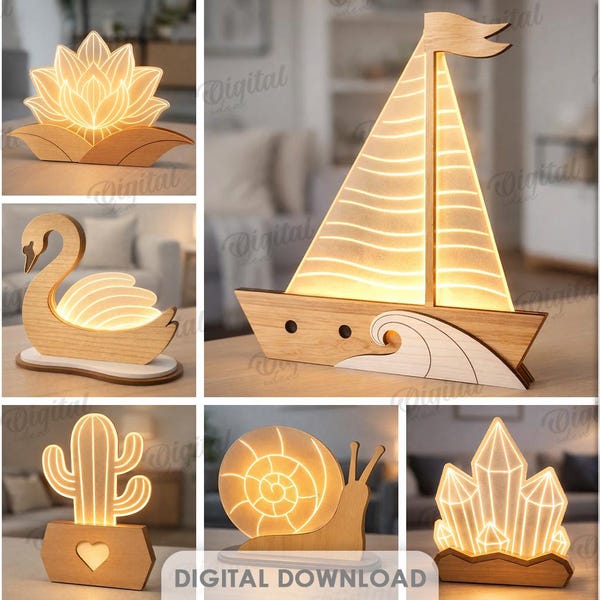 Paquete de lámparas LED 3D, archivos cortados con láser para linternas acrílicas, lámpara de noche de madera, letrero LED iluminado bohemio, cactus SVG, cisne, hongo, vino