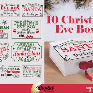 Puede incluir: Diez diseños imprimibles de cajas de Nochebuena con colores festivos rojo y verde. Los diseños incluyen varios elementos de texto, como "Caja de Nochebuena", "Entrega especial de Santa Claus" y nombres como "Sadie", "Olivia Crosby" y "William Wilson".
