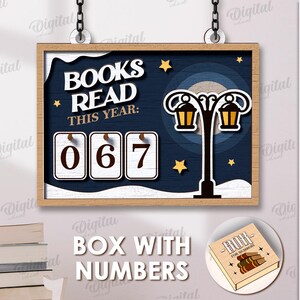 May include: A wooden sign with the text "BOOKS READ THIS YEAR:" and the number "067". The sign has a dark blue background with a street lamp and stars. The sign is hanging from a chain. The words "BOX WITH NUMBERS" are also visible.
