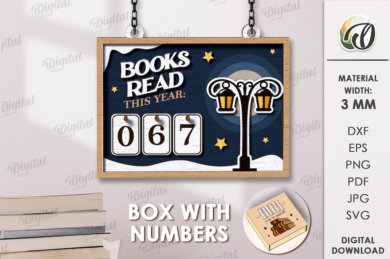 May include: A wooden sign with the text "BOOKS READ THIS YEAR:" and the number "067". The sign has a dark blue background with a street lamp and stars. The sign is hanging from a chain. The words "BOX WITH NUMBERS" are also visible.