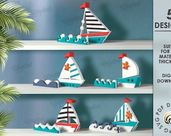 3D Ocean shelf sitters bundle, layered ship and waves stand laser cut, wooden summer decor, standing boat, sea svg, marine svg, sea life