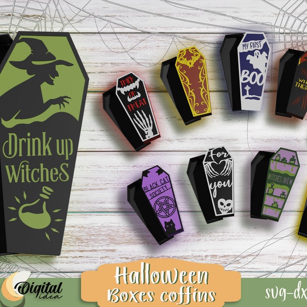 3D Halloween coffin favor boxes, Spooky papercut candy boxes SVG, Halloween layered paper gift box, Halloween party treat boxes