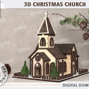 Iglesia navideña en 3D, decoraciones navideñas cortadas con láser, modelo de iglesia en 3D svg, estante de madera, casa en 3D, svg religioso, cristianismo, ventana gótica