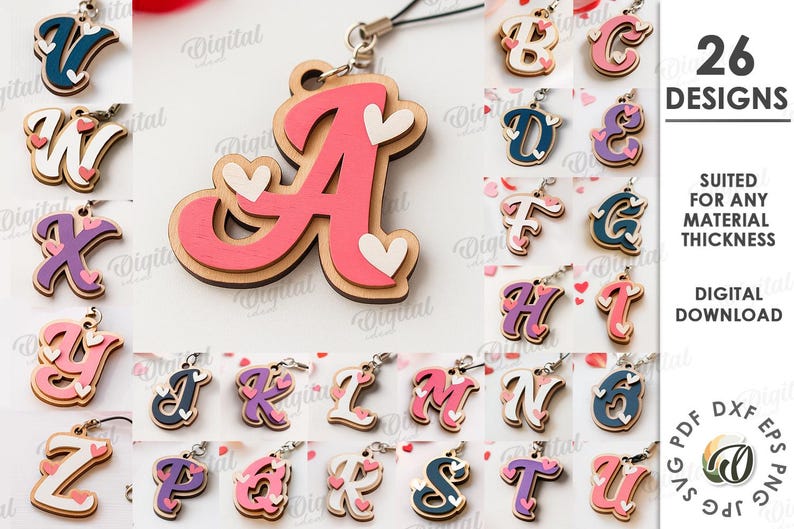 May include: A collection of 26 wooden letter designs, each with a heart accent, in various colors. The letters are suitable for different material thicknesses. The image also includes the text "26 DESIGNS" and "DIGITAL DOWNLOAD".