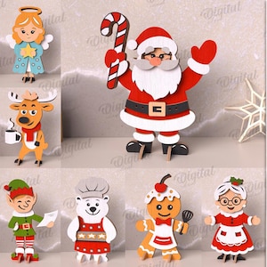 3D Christmas character stands bundle, shelf sitter laser cut, cute wooden stand decor, Santa Claus svg, Xmas home decor, Reindeer, elf