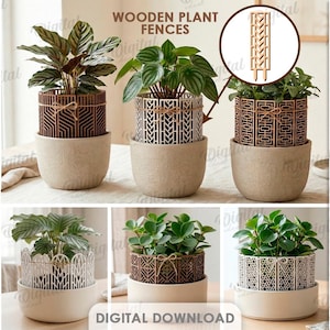 Könnte beinhalten: Digitaler Download mit zehn Holz-Pflanzenzaun-Designs. Das Bild zeigt Blumentöpfe mit dekorativen Holzzäunen in verschiedenen Mustern. Der Text weist darauf hin, dass die Designs für jede Materialstärke geeignet sind und Dateiformate wie DXF, EPS, PNG, PDF, JPG und SVG enthalten.