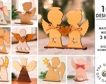 May include: A collection of wooden angel figurines in various designs. Some angels hold candles, stars, or hearts. The angels are made of light-colored wood and have cut-out details. The image includes the text "10 DESIGNS", "MATERIAL WIDTH: 3 MM", and "DIGITAL DOWNLOAD".