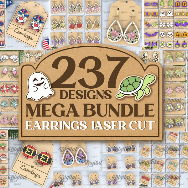 Earrings Laser cut Mega Bundle, 237 Earring lasercut deisgns, engraved stud earrings svg, teardrop earrings, dangle earrings, wooden jewelry