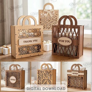 3D Gift bags bundle, gift holder bag laser cut, wooden present bag, floral svg, sweet quotes, boho gift favor bag, bee, birthday gift
