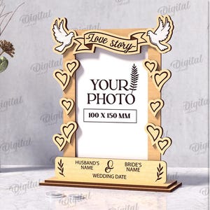 Personalisierter Hochzeitsbilderrahmen 3D, frisch vermählter Rahmen mit Standlaserschnitt, Fotoanzeige, Liebesgeschichte svg, Datum und Namensrahmen