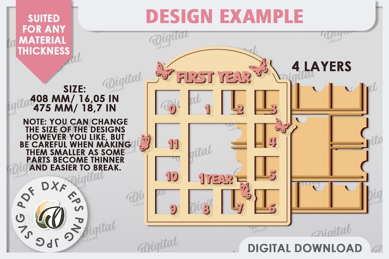 May include: A digital download design for a layered craft project. The design features a light brown frame with the text "First Year" and a grid of numbers. The frame is decorated with pink butterflies. The design is available in four layers and measures 16.05 inches by 18.7 inches.