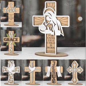 3D Christian standing cross bundle, cross stand laser cut, religious quotes svg, Jesus Christ, bible verses, wood layered cross, home decor