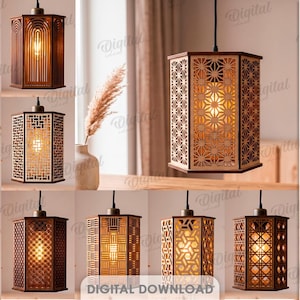 Op de afbeelding: Een collectie van tien zeshoekige hanglampontwerpen gemaakt van hout met ingewikkelde lasergesneden patronen. Elke lamp heeft een uniek geometrisch uitgesneden ontwerp waardoor licht naar buiten schijnt. De tekst vermeldt een materiaalbreedte van 3 mm.