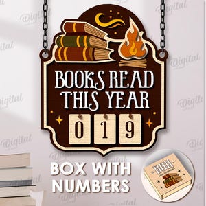 May include: A wooden sign with the text "BOOKS READ THIS YEAR" and a counter showing "019". The sign features a stack of books, a flame, and is suspended by chains. A small box with books is also shown.