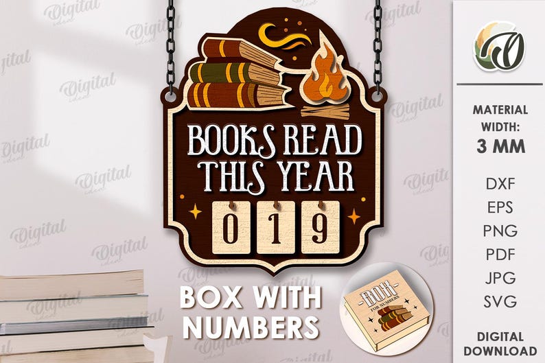 May include: A wooden sign with the text "BOOKS READ THIS YEAR" and a counter showing "019". The sign features a stack of books, a flame, and is suspended by chains. A small box with books is also shown.