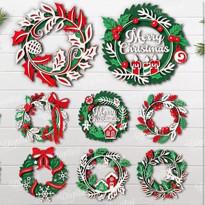 May include: Ten festive Christmas wreath designs in red, green, and white. The wreaths feature holly, berries, bows, and the text "Merry Christmas." Suitable for any material thickness, these designs are available as a digital download.