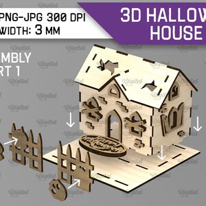 K&ouml;nnte beinhalten: Ein lasergeschnittenes 3D-Halloweenhaus aus Holz mit passendem Zaun und dekorativen Elementen. Das Haus hat ausgeschnittene Sterne und Bogenfenster. Die Materialst&auml;rke betr&auml;gt 3 mm.
