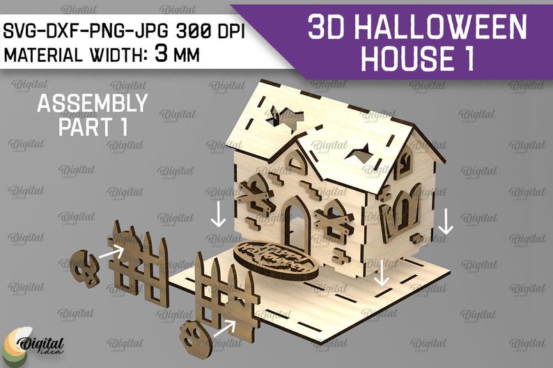 K&ouml;nnte beinhalten: Ein lasergeschnittenes 3D-Halloweenhaus aus Holz mit passendem Zaun und dekorativen Elementen. Das Haus hat ausgeschnittene Sterne und Bogenfenster. Die Materialst&auml;rke betr&auml;gt 3 mm.