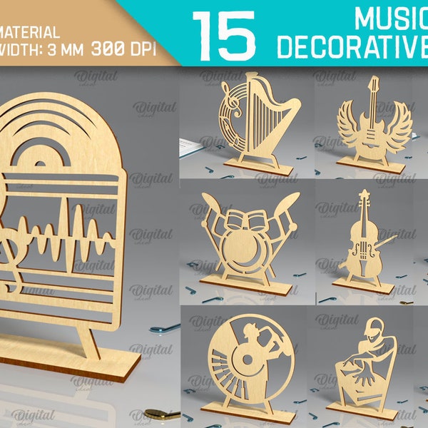 3D Music decorative stands bundle, Musical instruments laser cut, music notes paper cut, home decor, music welcome sign svg, shelf sitter