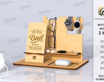 3D Wooden desk organizer for men, the best dad in the world svg, docking station for dad lasercut, phone stand, father's day, glasses holder