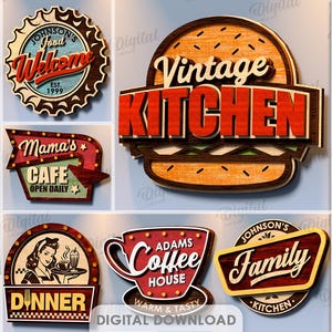 Könnte beinhalten: Eine Sammlung von zehn digitalen Grafikdesigns mit Schildern im Retro-Stil für Küchen und Cafés. Die Designs enthalten Texte wie Vintage Kitchen, Mama's Cafe, Wine Not und Adams Coffee House und sind in verschiedenen Formen wie Pfeilen dargestellt.