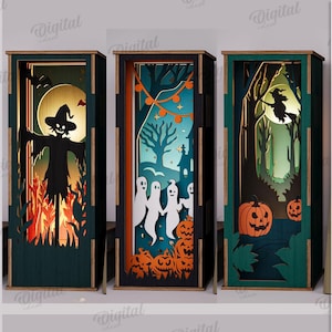 May include: Five Halloween-themed shadow box designs. Each box features a unique spooky scene, including a scarecrow, ghosts, and a witch. The material width is 3 mm. Digital download available.