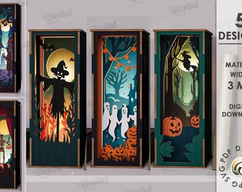 Halloween Book nooks bundle, book holder laser cut, spooky scene book shelf decor, wooden layered shelf insert, ghost, witch, skeleton