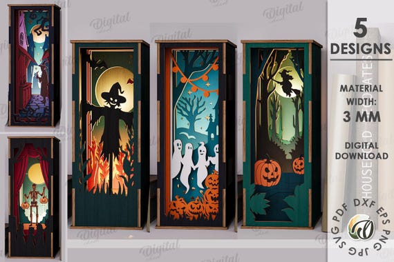3D Halloween Book nooks bundle, book holder laser cut, spooky scene book shelf decor, wooden layered shelf insert, ghost, witch, skeleton